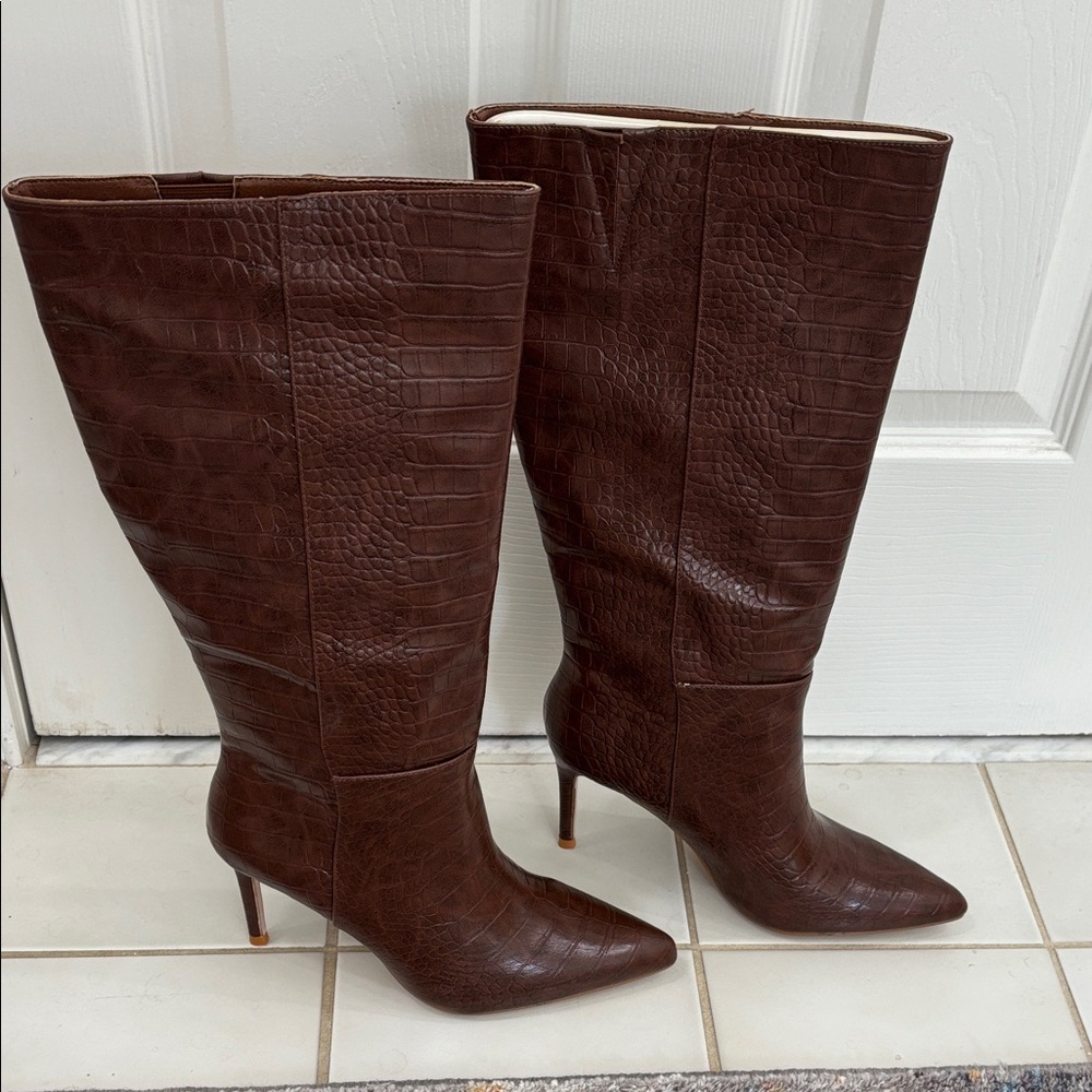 Coconuts by Matisse Brown Croc-Embossed Pointed-Toe Stiletto Knee Boots